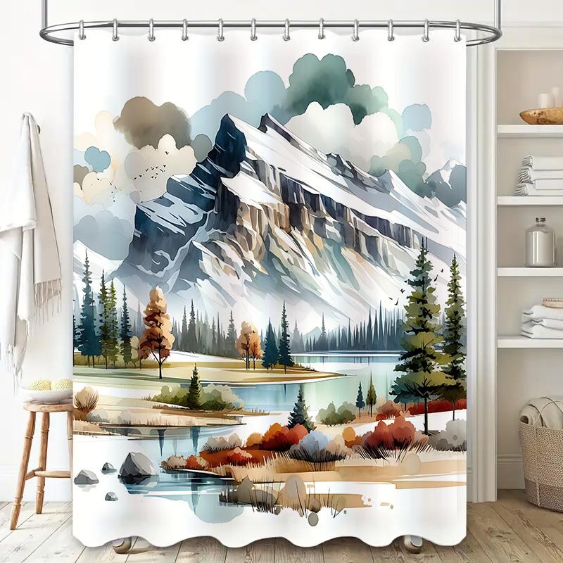 

Watercolor Mountain Lake Shower Curtain Nature Landscape Art Bathroom Decor Waterproof With Complimentary Hook Elevate Space W60H190(CM)-1 Pcs