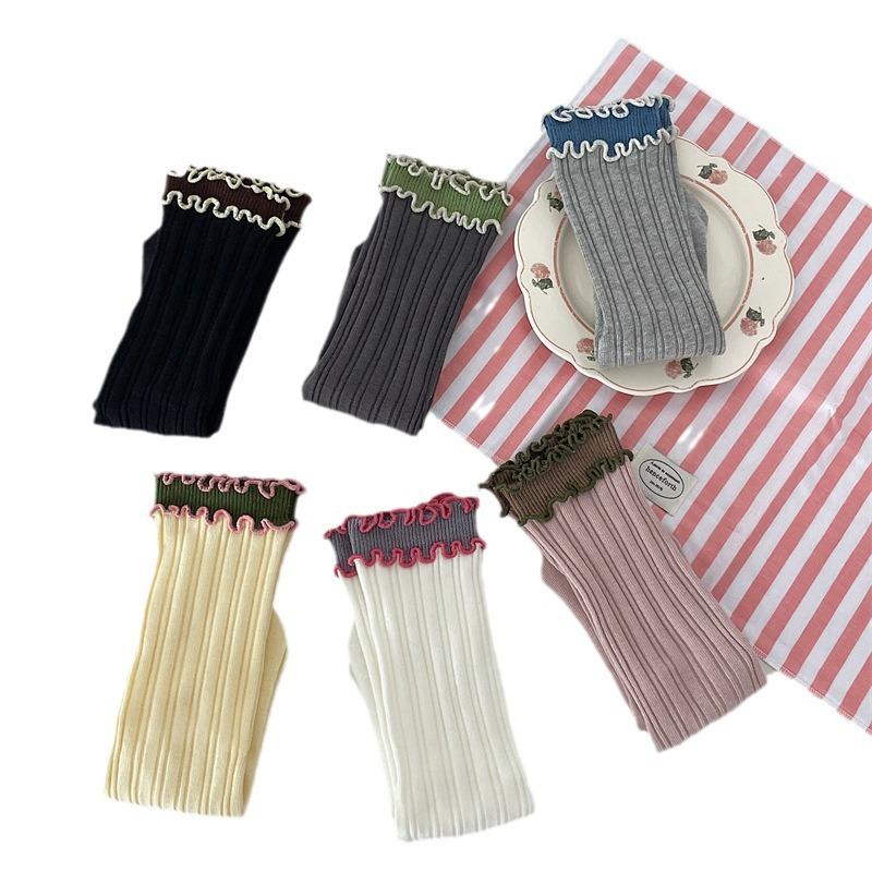 Contrasting Color Fungus Edge Socks Women'S Style Retro Sweet Color Matching Double-Layer Luo Kou Pure Cotton Crimped Medium Tube Socks