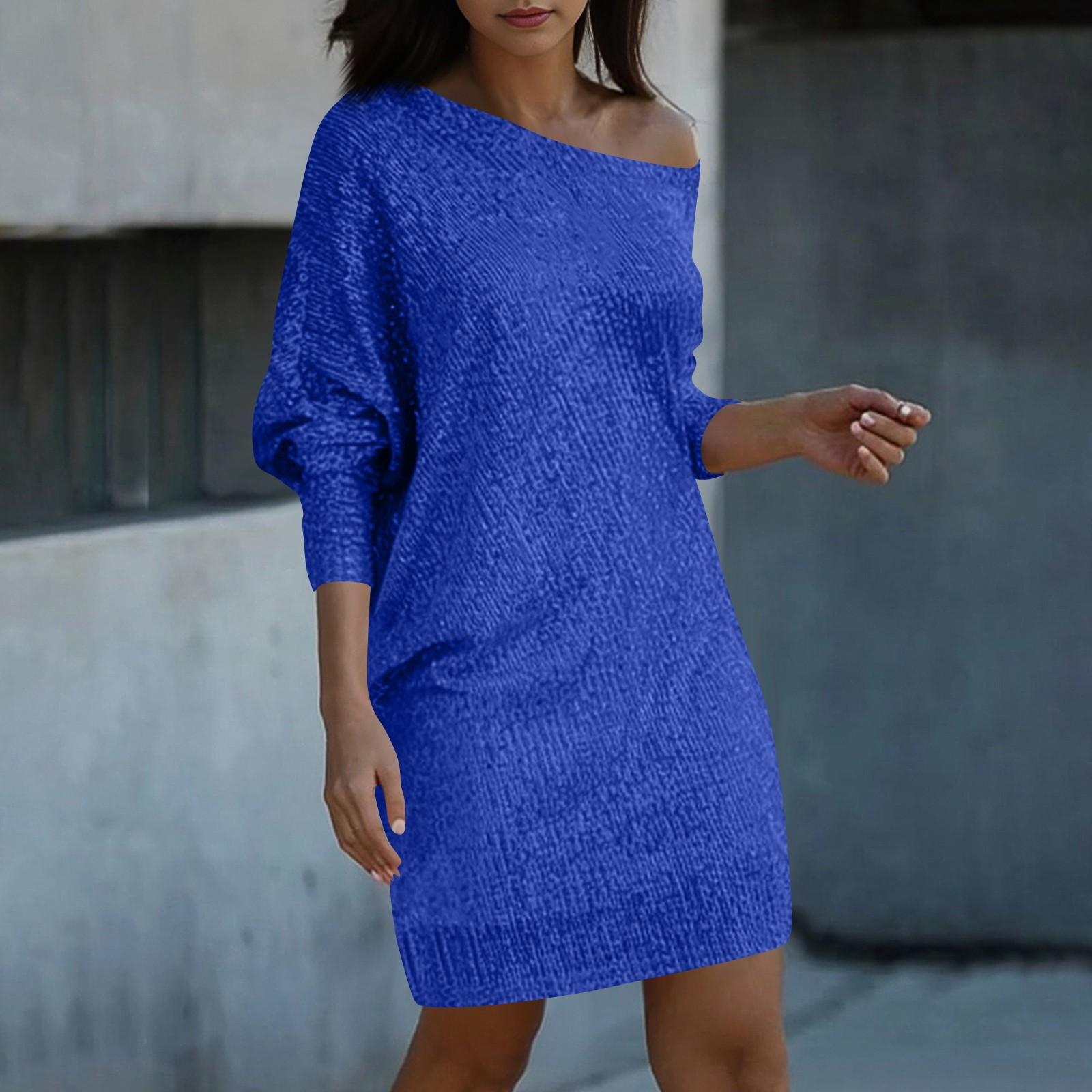 

Women s Fashion Dresses Slant Shoulder Long Sleeve Dresses Solid Color Sexy Dresses S синий