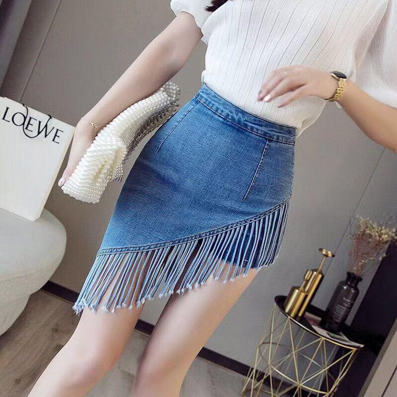 2026 High-Waisted Fringed Denim Midi Bodycon Skirt for Women - Spring/Summer Fake Two-Piece Design