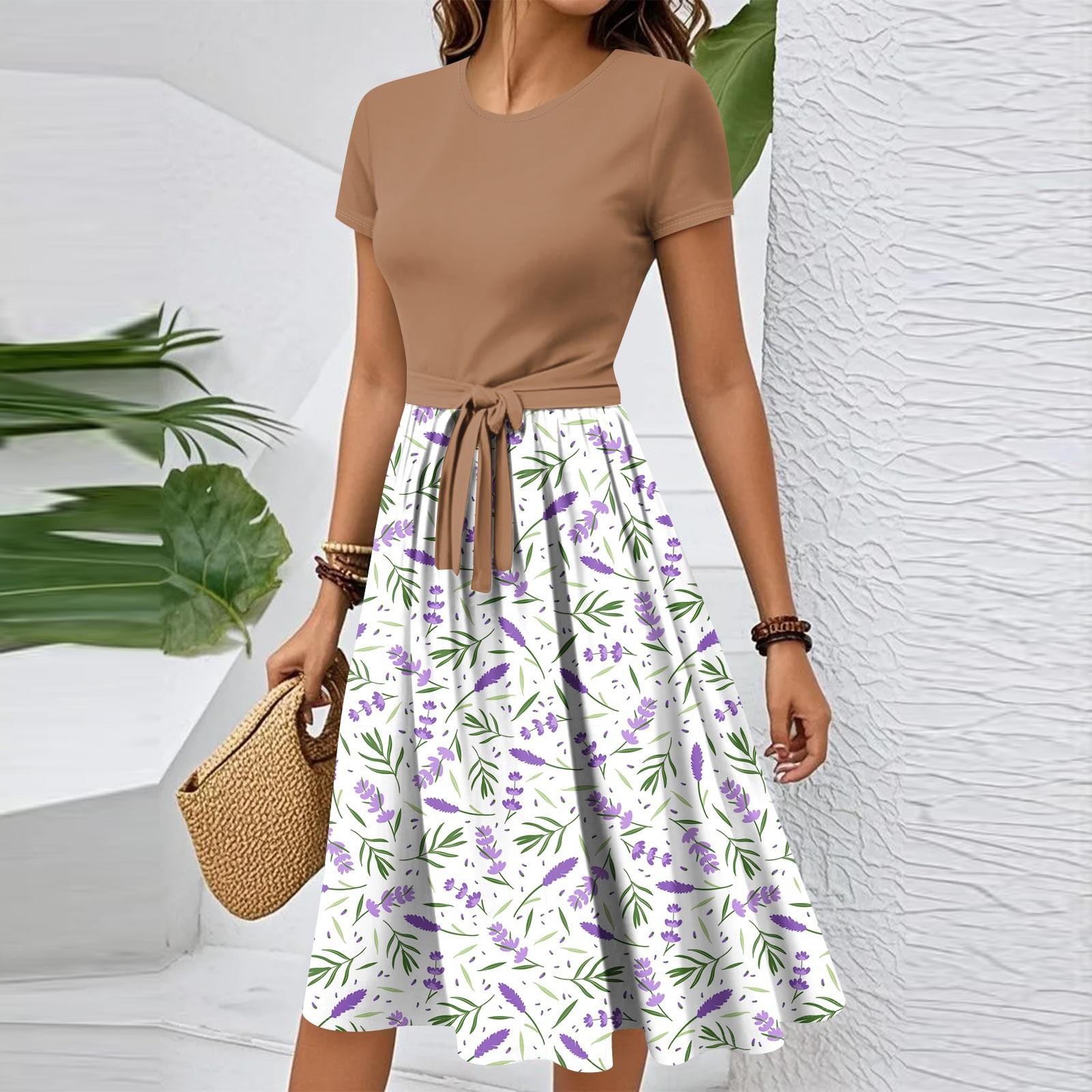 

Женское повседневное модное элегантное платье с поясом и винтажным принтом с коротким рукавом и круглым вырезом L бежевый