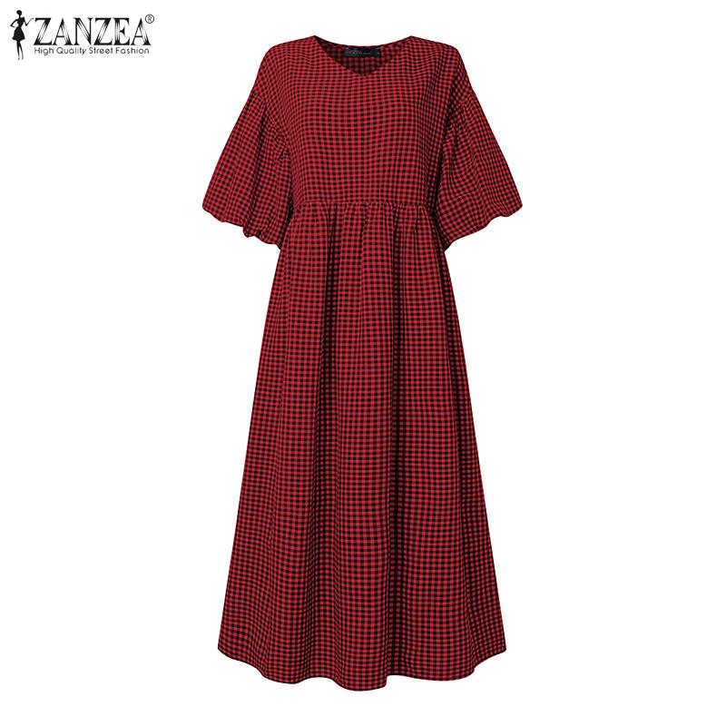 ZANZEA Women Casual V-Neck Summer Short Sleeve Plaid Print Dress