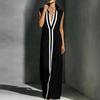 Damen V-Ausschnitt Ärmellos Weiter Bein Jumpsuit Lockerer Sitz Hoher Bund Kontrastfarbe Maxi Jumpsuit