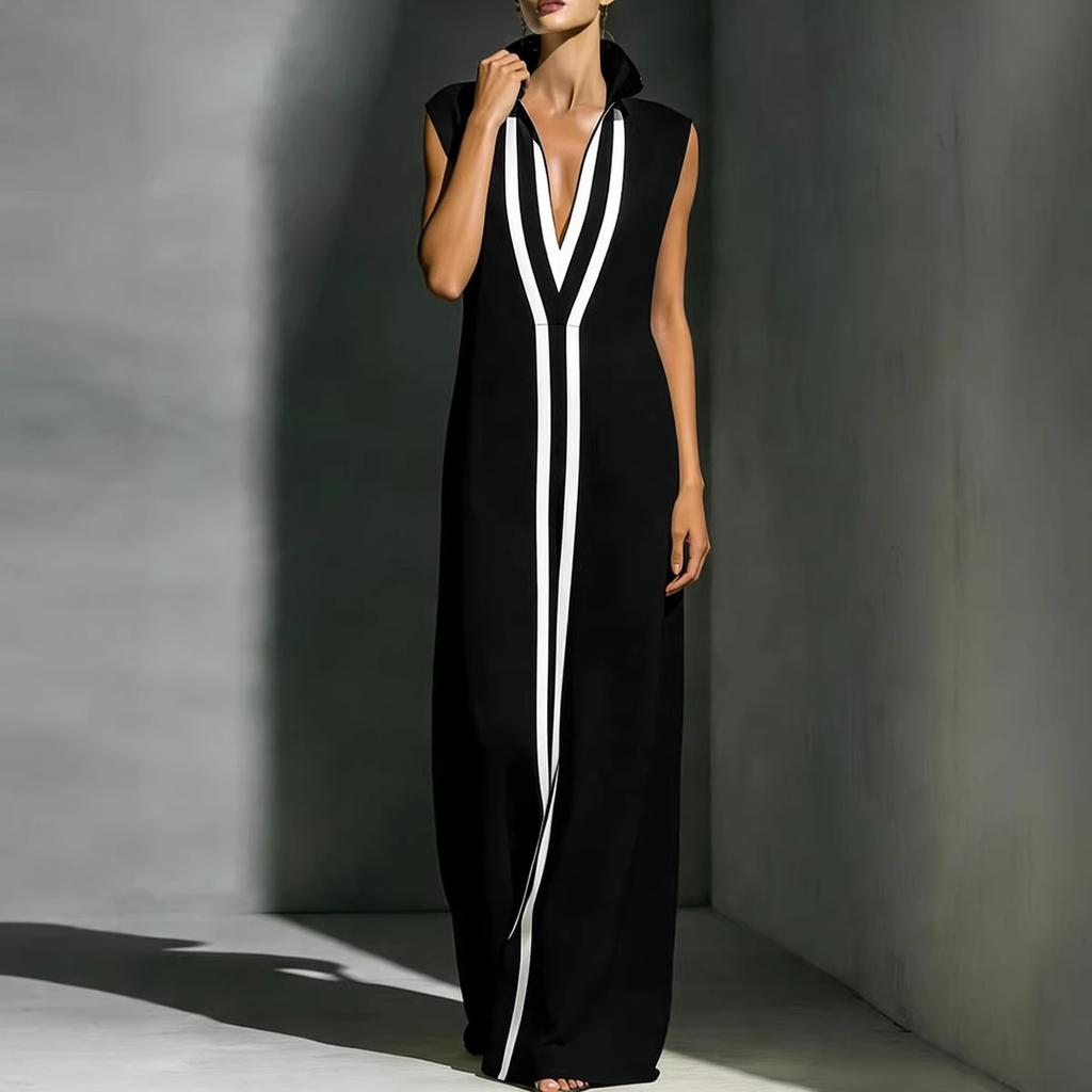 Damen V-Ausschnitt Ärmellos Weiter Bein Jumpsuit Lockerer Sitz Hoher Bund Kontrastfarbe Maxi Jumpsuit