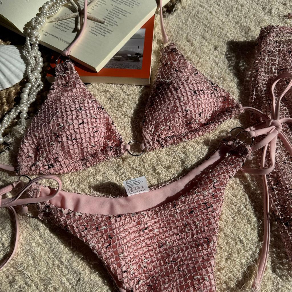 Women's 3 Piece New Glitter Mesh Bikini Set Sexy Halter Tie Triangle Swimsuit Sheer Mesh Mini Skirt Cover Up Summer Beach Swimwear