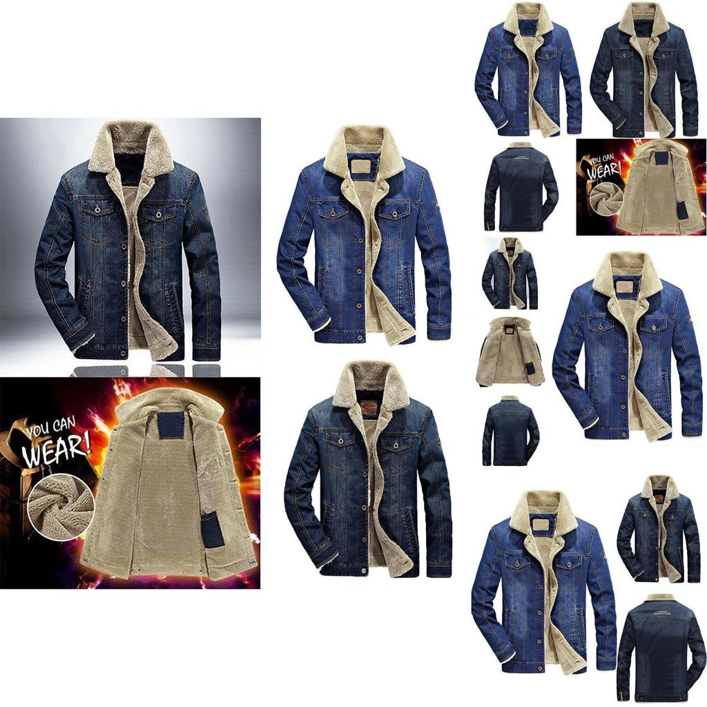 Men's Jean Jacket With Fur Collar Lined Winter Warm Casual Denim Coat M-6xl