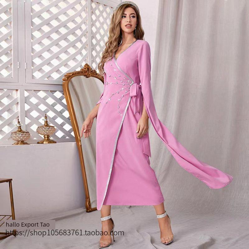 Stylish Ethnic V-neck Hand Sewing Drill Wrap Dress Fashionable Diamond Wrap Dress