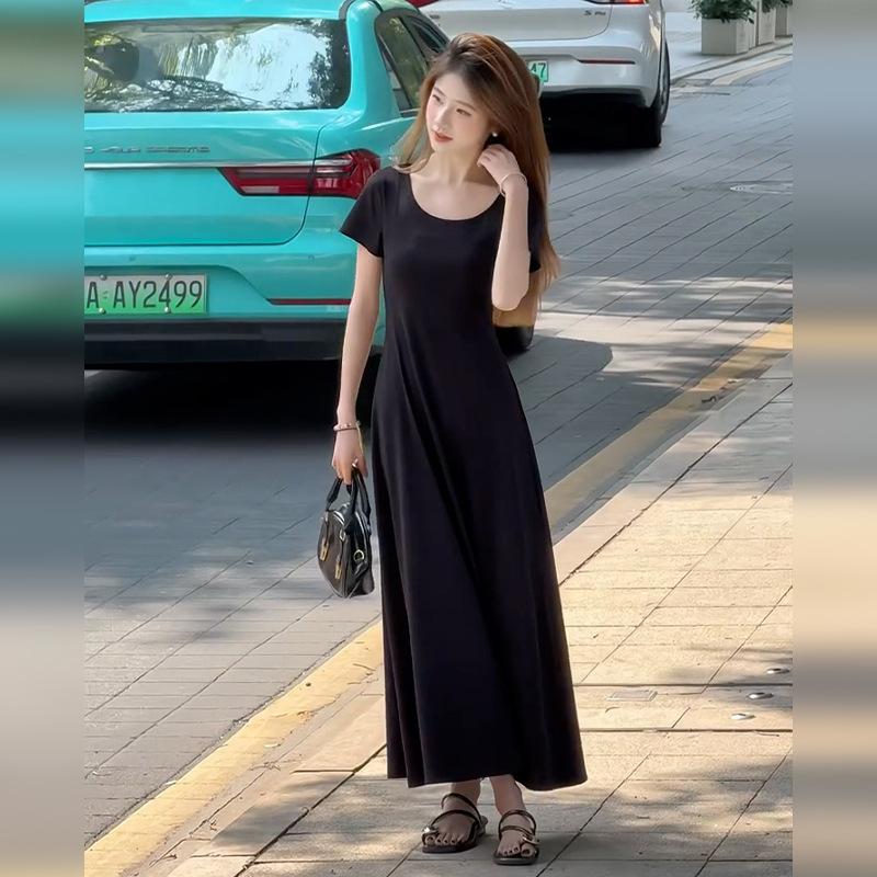 Solid Color Slim-fitting Short-sleeved T-shirt Dress for Children's Summer New Small Temperament Waist and Thin Dress