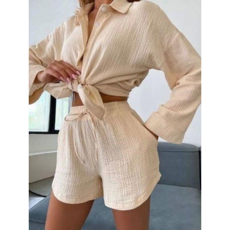 Collar Long Sleeve Shirt Shorts Set Lapel Long Sleeve Shirt Shorts Suit