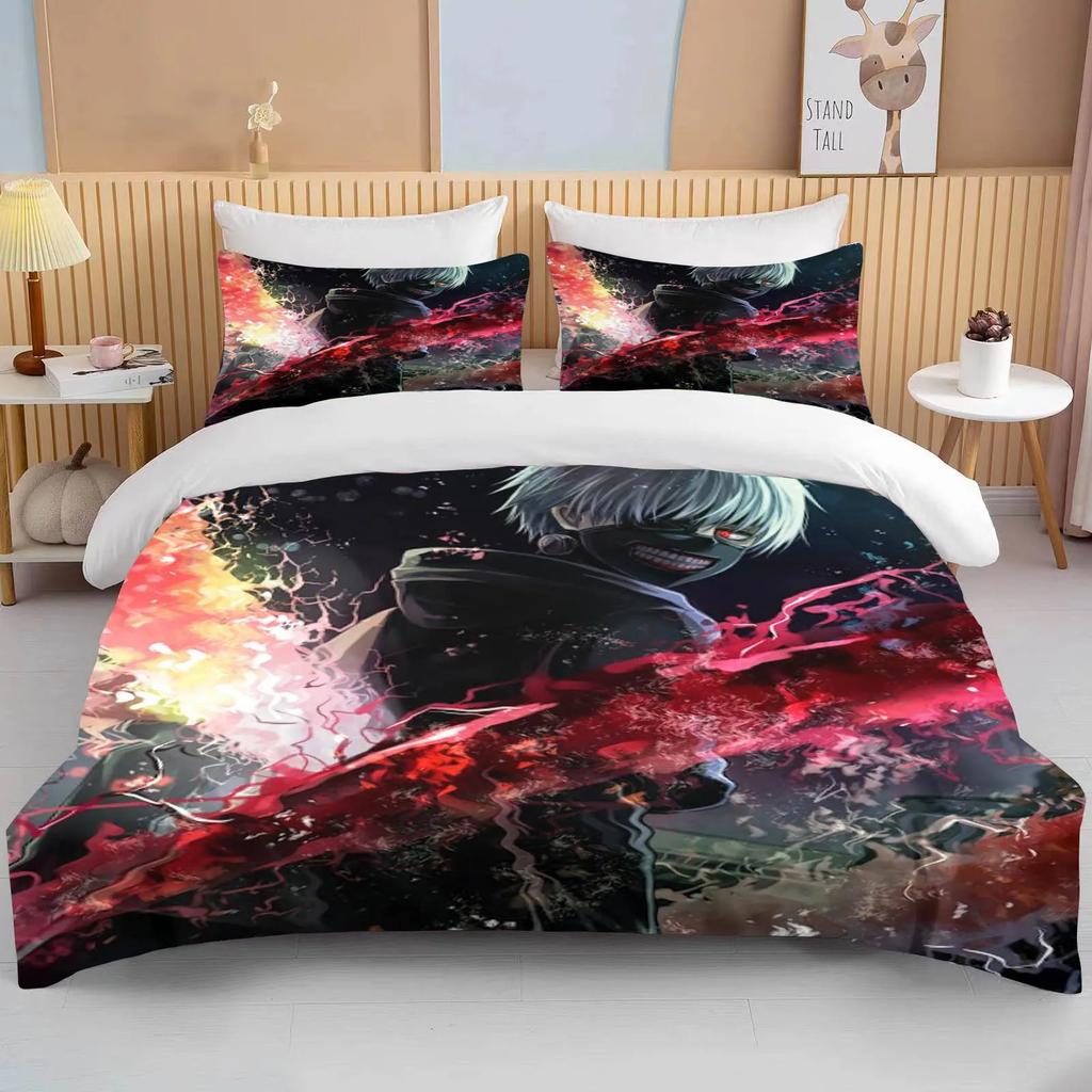 Neues Japan Tokyo Ghoul Bettwäscheset Kaneki Ken Anime Bettwäscheset Schwarz Weiß Bettbezugset Junge Heimtextil 3D Steppdecke Bettwäsche