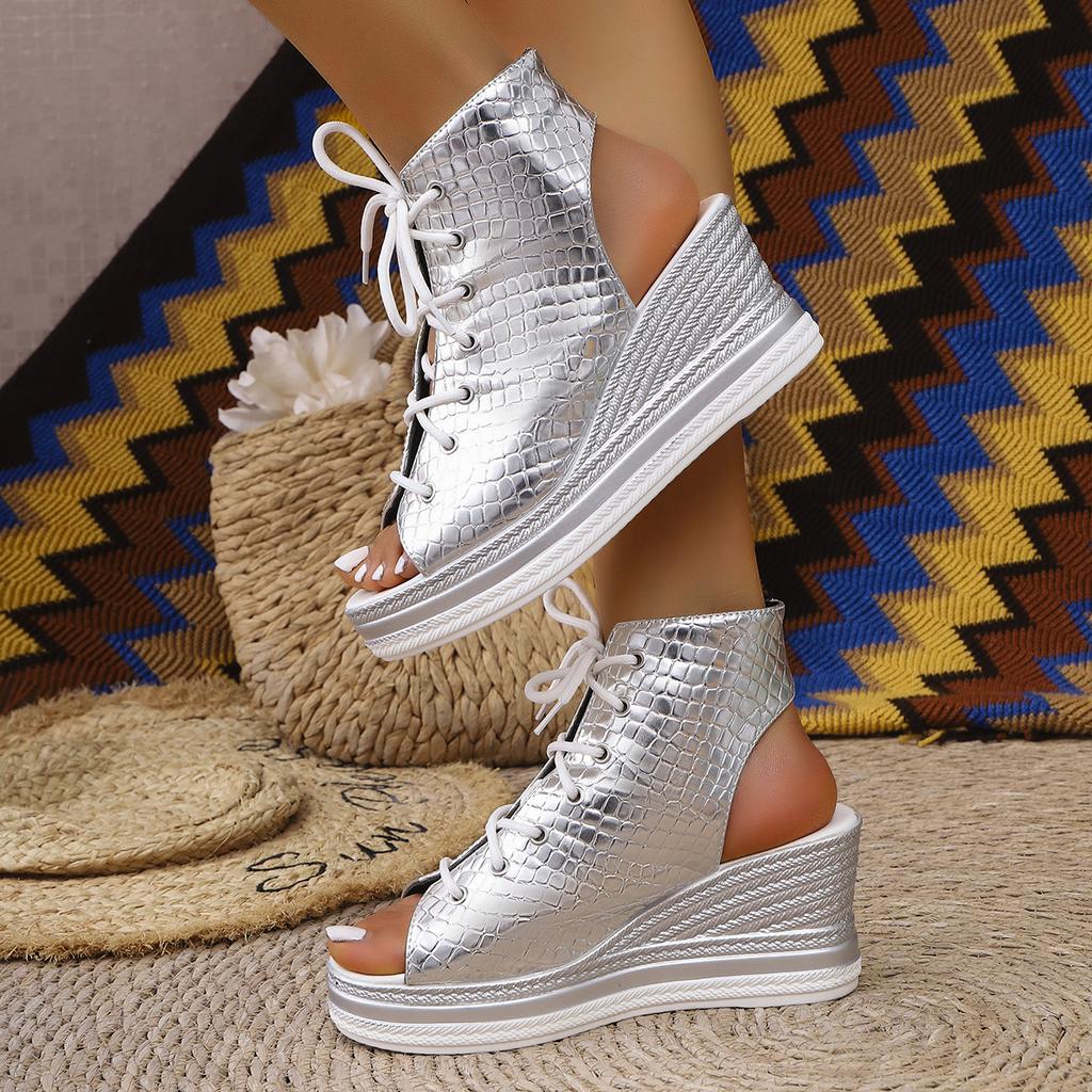 Modische Leopardenmuster Keilabsatz Sandalen mit Fischmaul für Damen Sommer Neue Offene Zehenpartie Bequeme Schnürung Klobige Sandalen