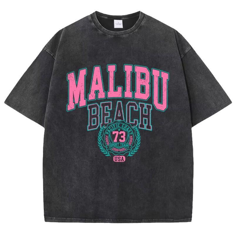 Retro Malibu Beach Print Cotton T-shirt - Fashionable Streetwear Short Sleeve
