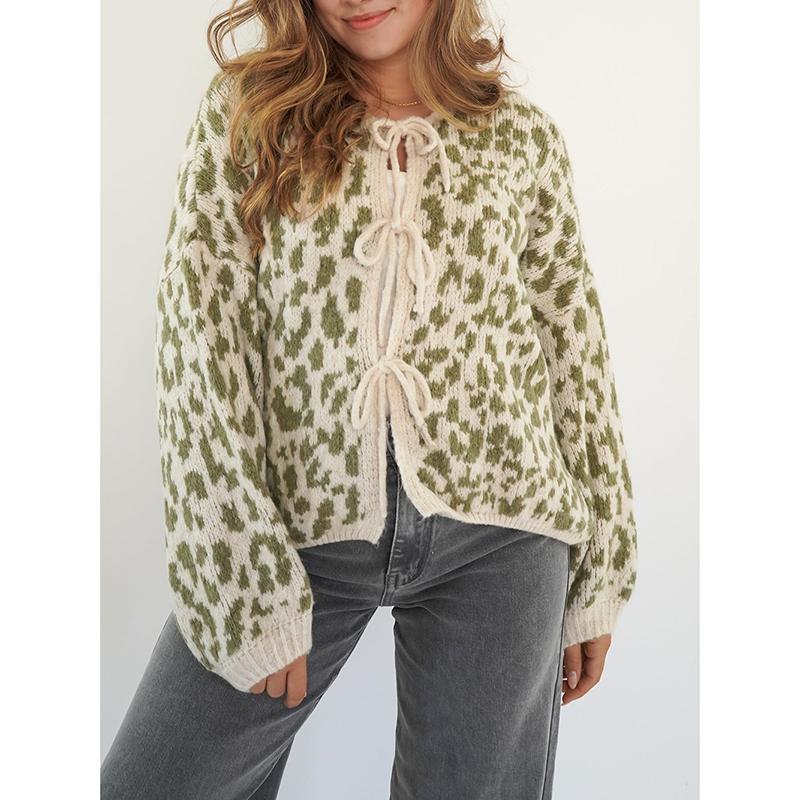New In Leopard Print Round Neck Lace-up Knitted Cardigan Women Autumn Winter Trendy Streetwear Sweater Coats