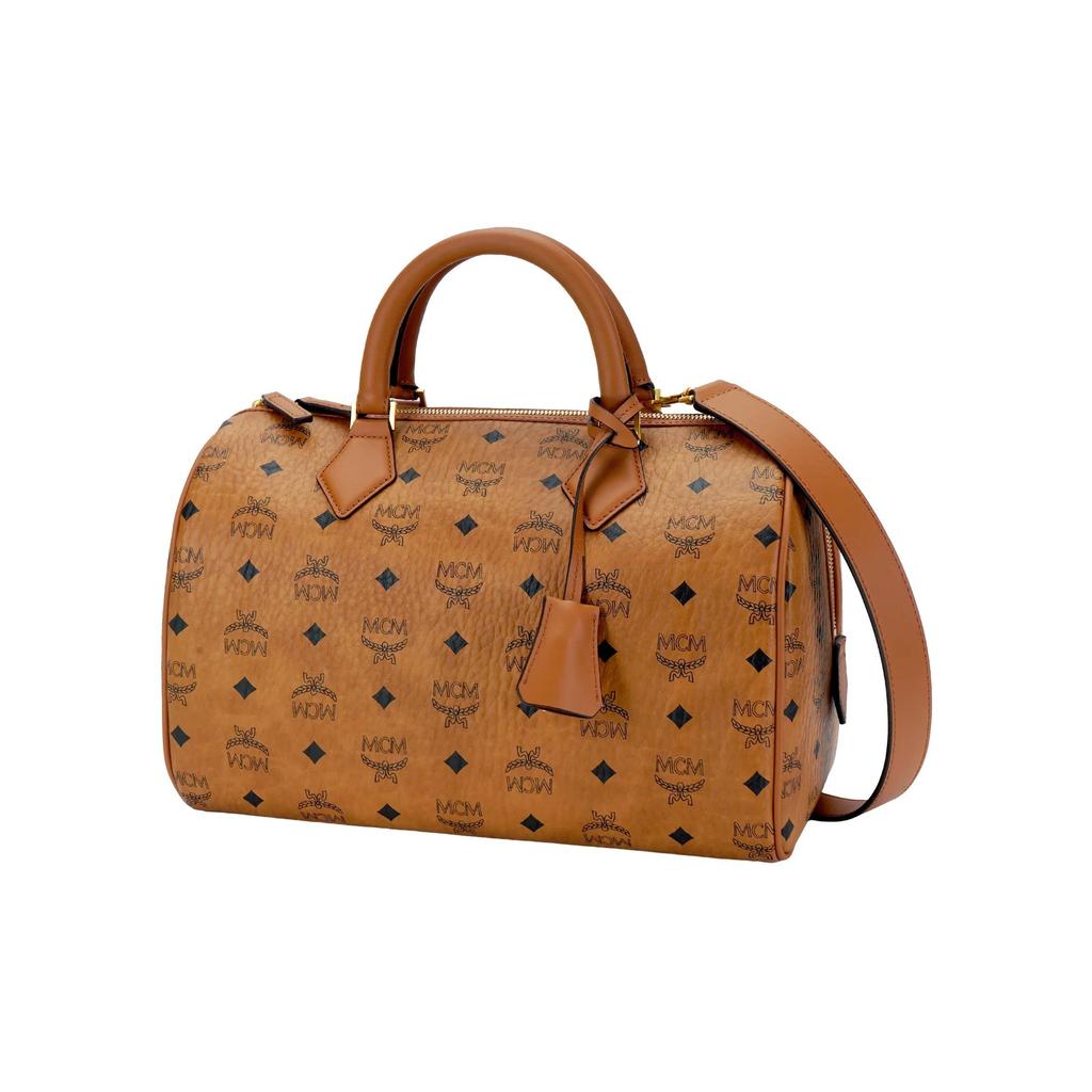 MCM Ella Padlock Detail Adjustable Detachable Shoulder Strap Canvas and Leather Boston Bag Tote Shoulder Crossbody Travel Bag Women's Brown