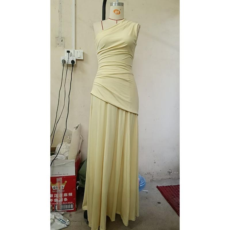 Women One Shoulder Pleated Waist Chiffon Spliced A Line Long Evening Party Dress