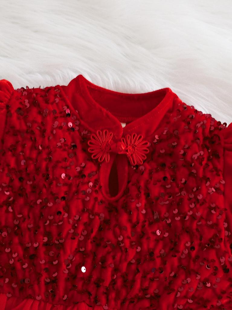 Rochie de Crăciun de prințesă cu paiete roșii, cu mâneci bufante și catifea aurie pentru fete