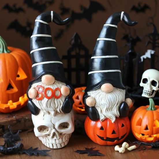 1 Pair Halloween Gnome Statue Ghost Skull Pumpkin Shape Resin Figure Festive Atmosphere Halloween Decoration