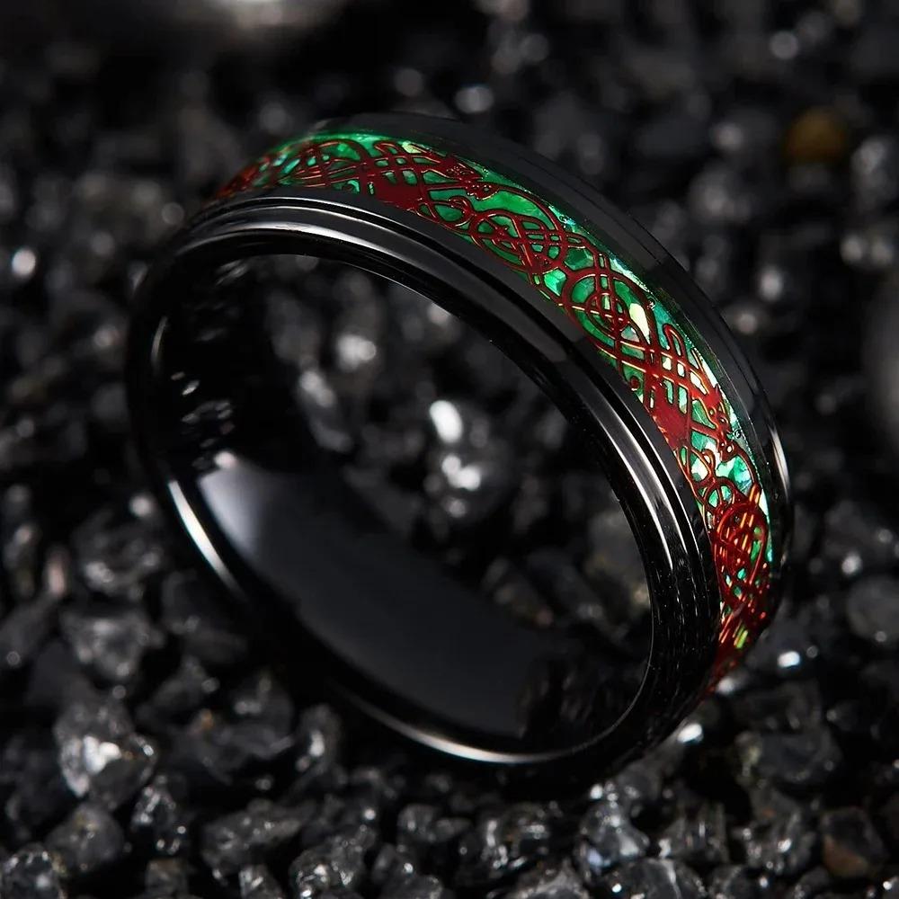 Módní 8mm nerezové keltské dračí prsteny pro muže i ženy, zelený prsten z uhlíkových vláken, snubní prsten, výroční dárky