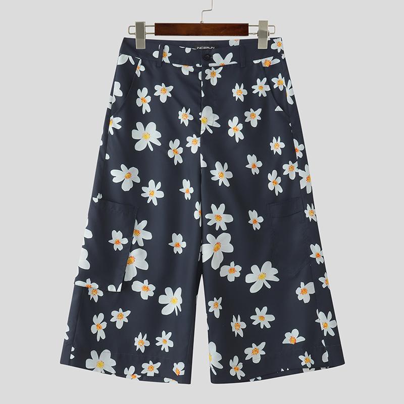 

INCERUN Мужские брюки-капри с широкими штанинами, повседневные, с цветочным принтом, на молнии, с карманами 3XL синий