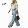 Casual Matching Sets Women Two Piece Set for Fall, V Neck Collared Shirt & Wide Leg Pants, Loose Fit Trousers Autumn Outfits Suit