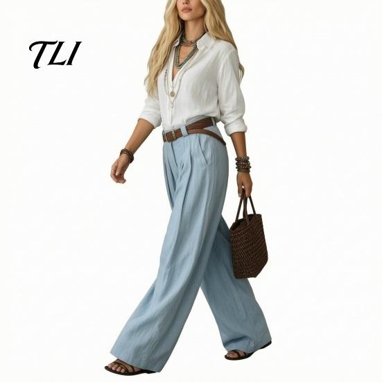 Casual Matching Sets Women Two Piece Set for Fall, V Neck Collared Shirt & Wide Leg Pants, Loose Fit Trousers Autumn Outfits Suit