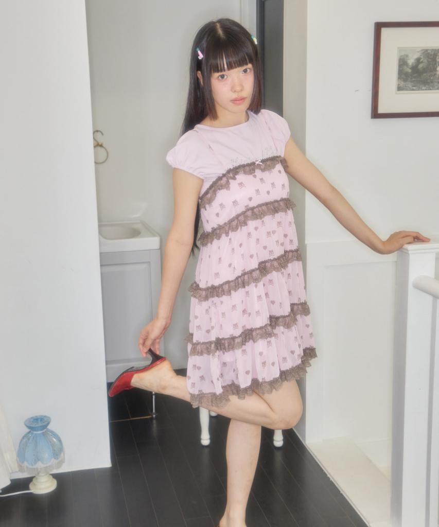 Syakili Skull Tiered Mini Chiffon Dress (Pink)