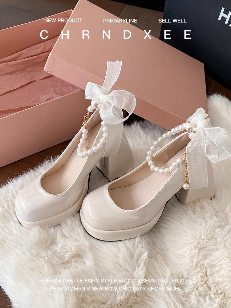 Fashion Retro Mary Jane/Lolita Platform Shoes Women Heeled Pearl Bow Ankle Strap Shallow Comfort Thick High Heel Shoe Pumps Chaussure