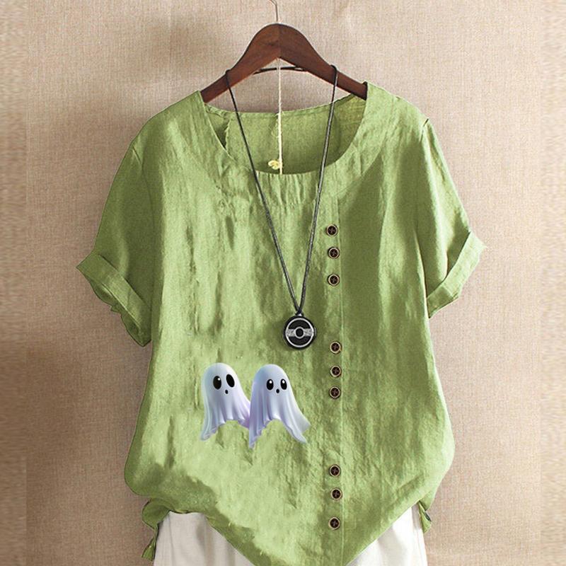 Women's Fashion Ghost Prined Short Sleeve T-shirt Loose Cotton Shirt Casual Loose Summer Blouse Tops