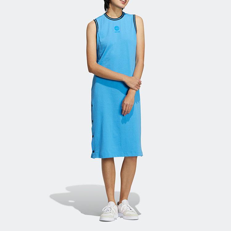 Adidas Neo Solid Color Side Button Round Neck Sleeveless Dress Women Dresses Blue HN0014