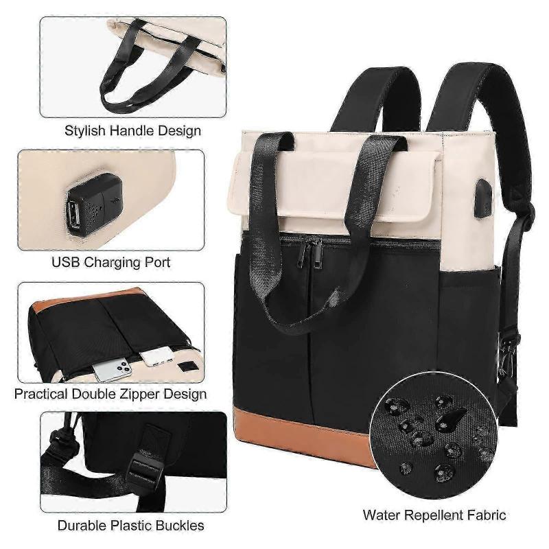Ladies Convertible Tote Backpack Laptop Backpack Wide Top Open University School Travel Leisure Bag Black