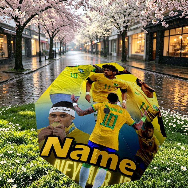 Custom Name Personalized Neymar Jr Print Umbrella, Auto Open Close, 8‑Rib Sturdy Frame, Commute Camping Hiking Use, Birthday Gift