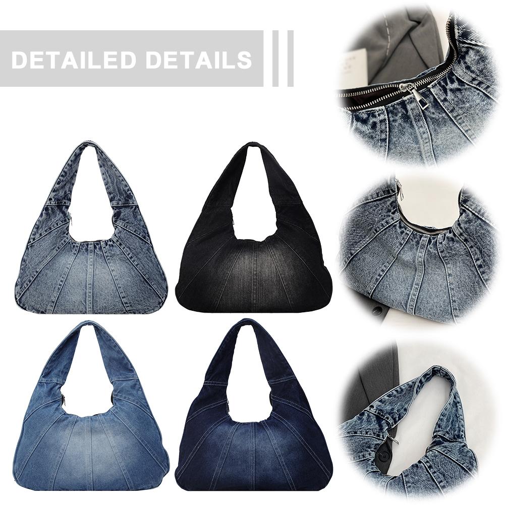 Women Denim Handbag Trendy Shoulder Bag with Zipper Underarm Purse With Pocket Clutch Bag for Work Travel Shopping