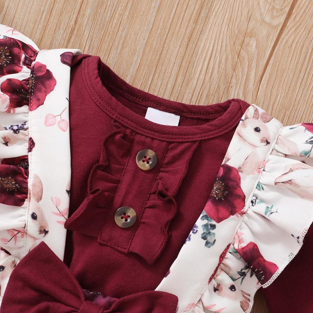 2022 Girls' Long Sleeve Top & Floral Overalls Three-Piece Set - Korean Spring/Autumn Style