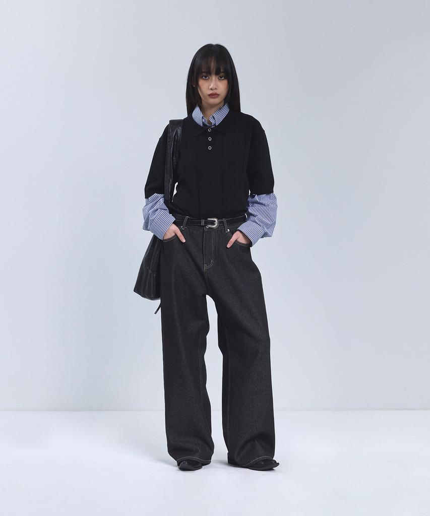 IRONYPORNO WHITELINE 86-Iro354 Multi-Stripe Snap Collar Short Sleeve Knit Black
