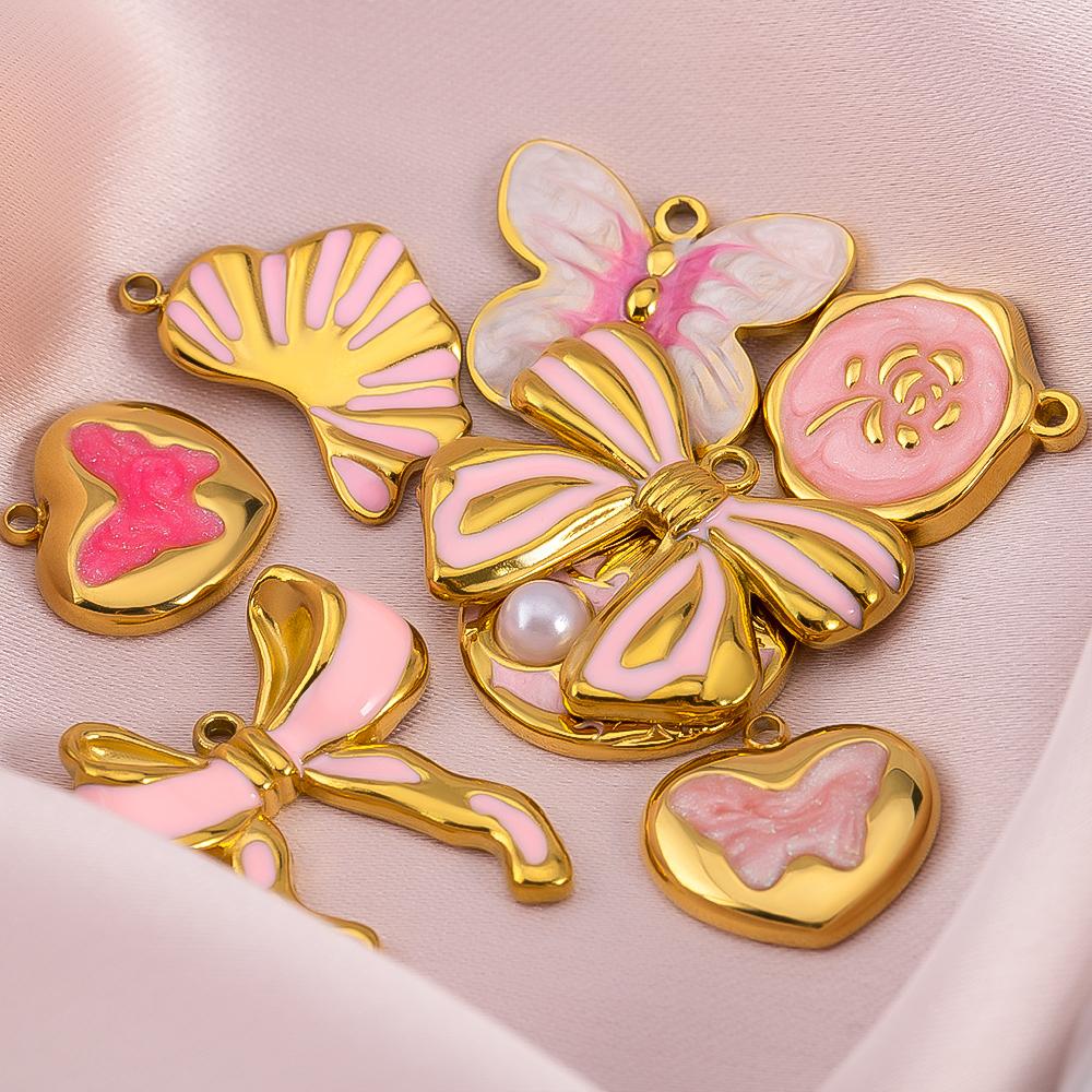 2P Stainless Steel Pendant Series Pink Pendant Multiple Choice Earring Components DIY Necklace Jewelry Accessories