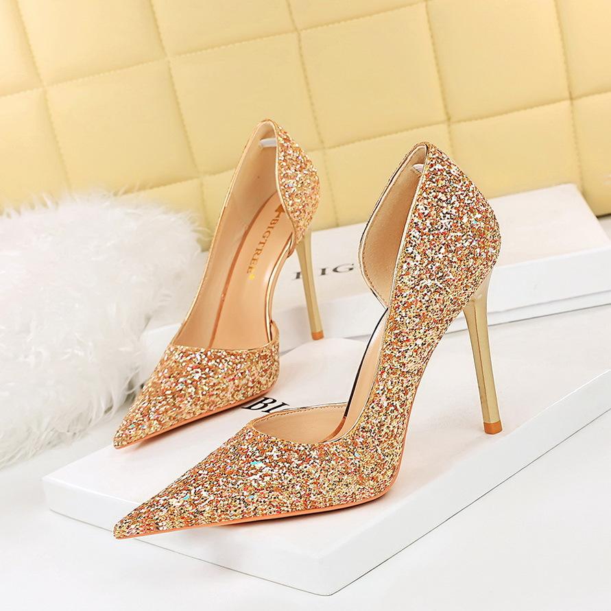 Fashion Women Super High Heels Gold Pumps Sequins Bling Luxury Stiletto Sparkly Party Singles Shoes Cutout Pointed Simplicity 8829-3