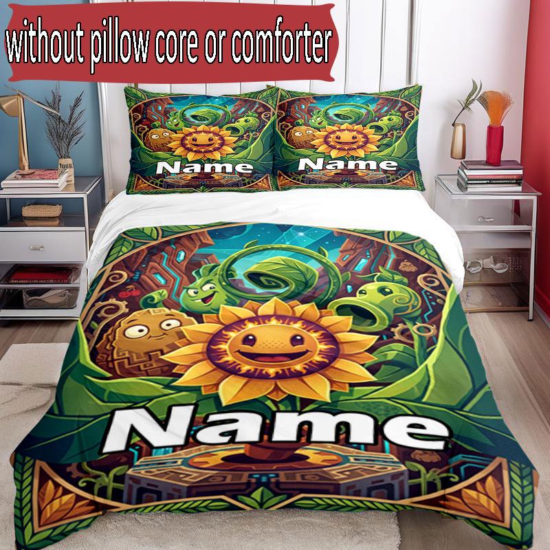 3pcs Duvet Cover Set (1*Duvet Cover + 2*Pillowcase, Without Core), Custom Name Plants VS Zombies Pattern Bedding Set, Home Bedroom Decor Gift