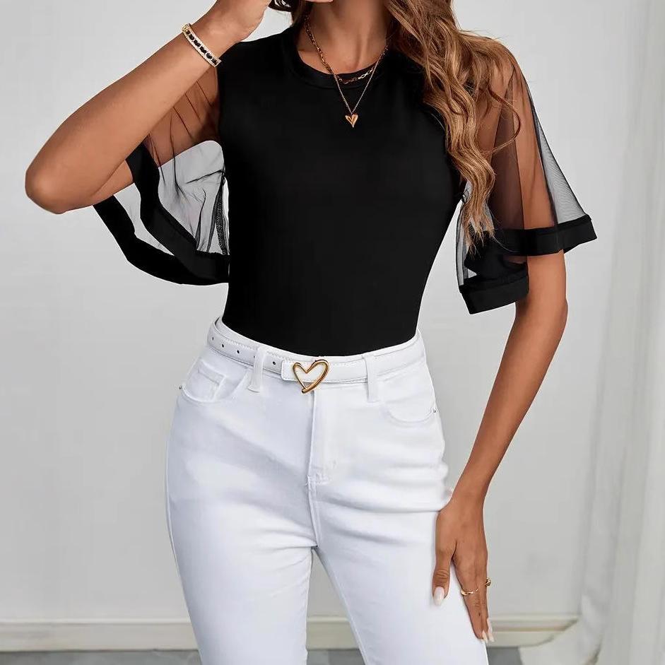 VEZFAA Damenmode, lässig, Sommer, Frühling, einfarbig, bedruckt, kurzärmelig, O-Ausschnitt, Blusen und Hemden