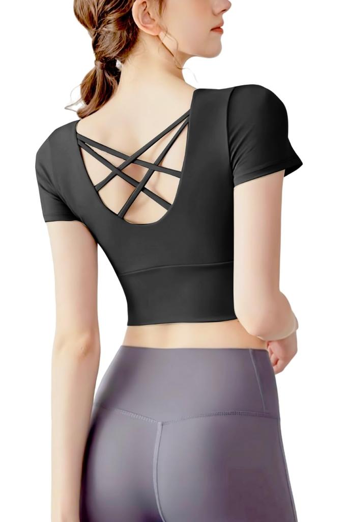 VEROMAN Yoga Top with Short Short Length Size Cups, Sleeves, (ppi-ssd041) (Black, L)