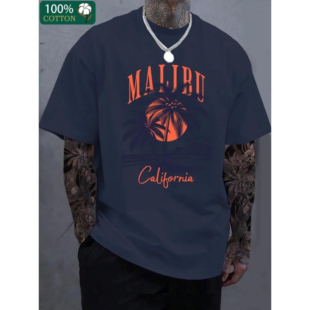 Men's Summer 100 Cotton Fashionable Casual Loose California Tropical Beach Pattern Printed Round Neck Short Sleeve T-shirt Top