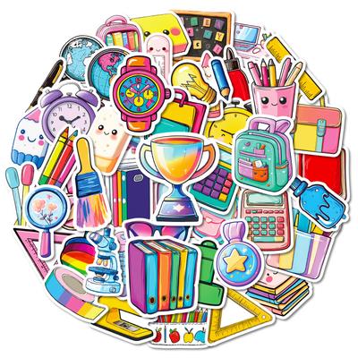 50 Creative Hand-painted Various Stationery Graffiti Stickers Book Pencil Alarm Clock No Repetition Decorative Stickers