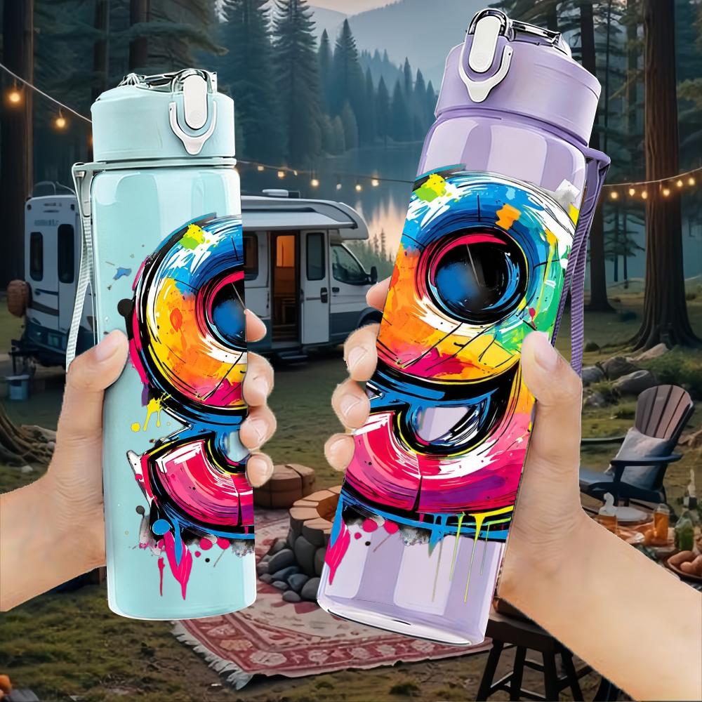 1PC Splash Color Large Number Nine Art 750ml Color Plastic Water Bottle Leakproof Flip Straw Lid For Sports Office Home Use