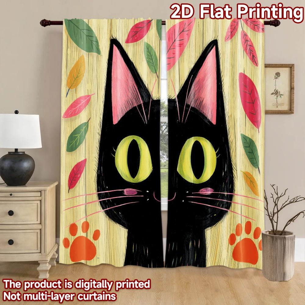 2D flat printing 2pcs Window Drapes Black Cat Cute Leaves Digital Printed Polyester Drapes Seasonal Party & Holiday Decor for