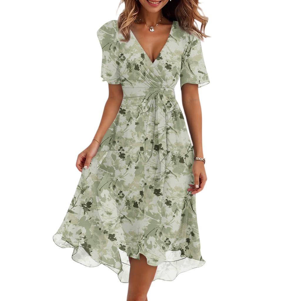 Women's Fashion Casual V Neck Short Sleeve Ruffled Vintage Printed Dresses