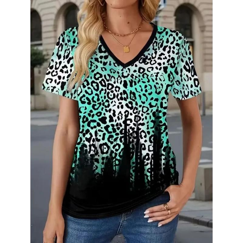 Fashion Women's V-Neck Short Sleeve 3D Flower Color Printing V-Neck Flower Short Sleeve