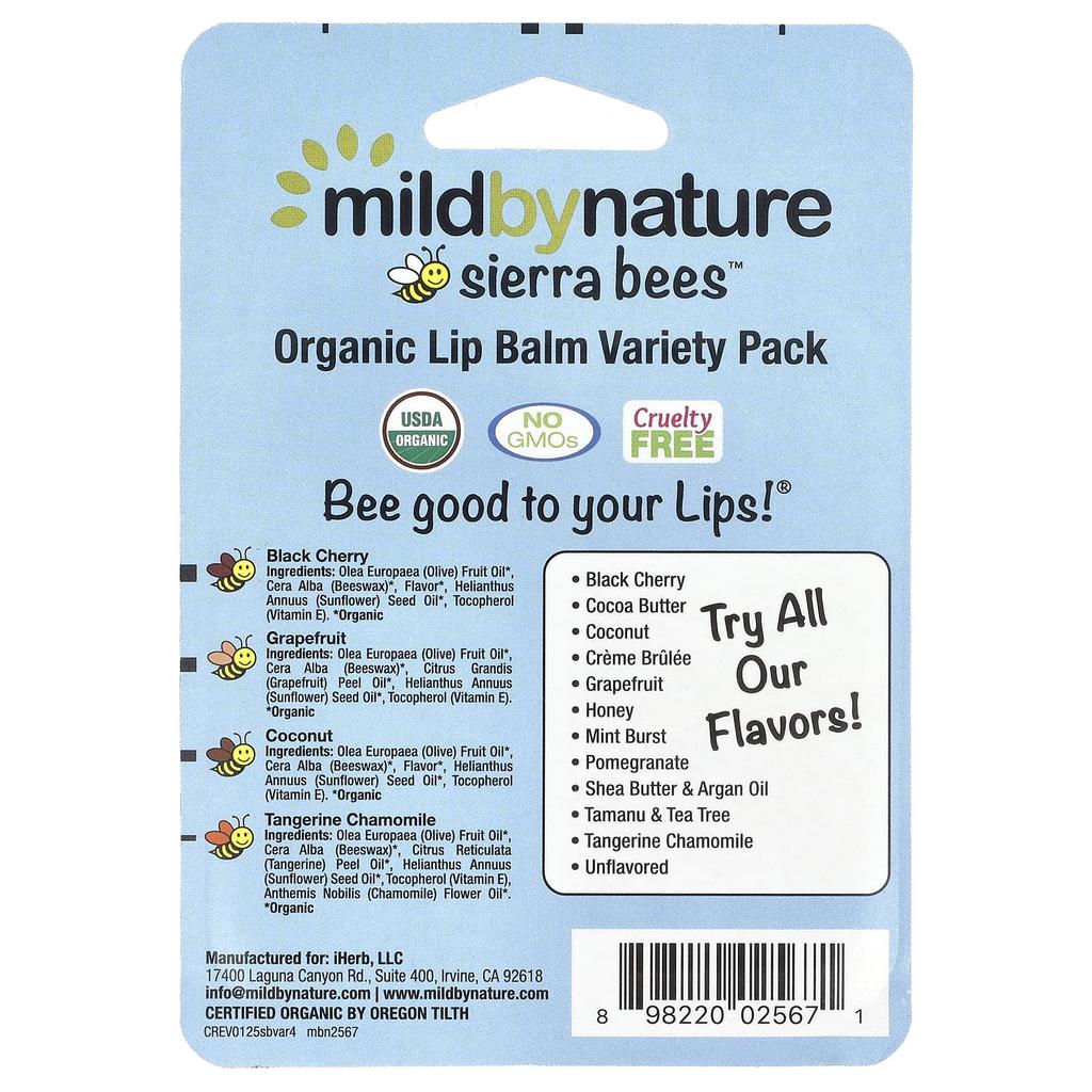 Mild By Nature, Sierra Bees™, Organic Lip Balm, Variety Pack, 4 Pack, 4.25 g (0.15 oz) Each