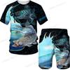 New Men's Short Sleeve Shorts Set Fashion 3D Digital Fish Printing Men's Beach Casual Set