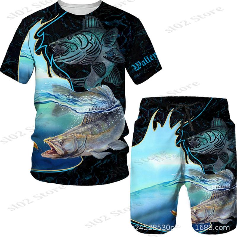 New Men's Short Sleeve Shorts Set Fashion 3D Digital Fish Printing Men's Beach Casual Set