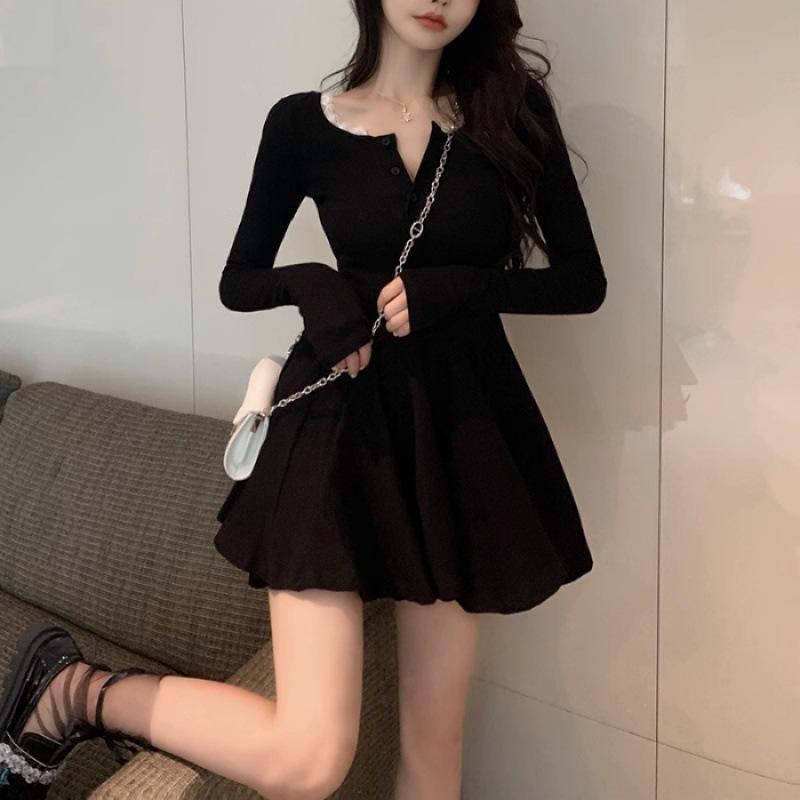Pure desire black long-sleeved dress women s autumn new sexy temperament waist skirt autumn and winter S