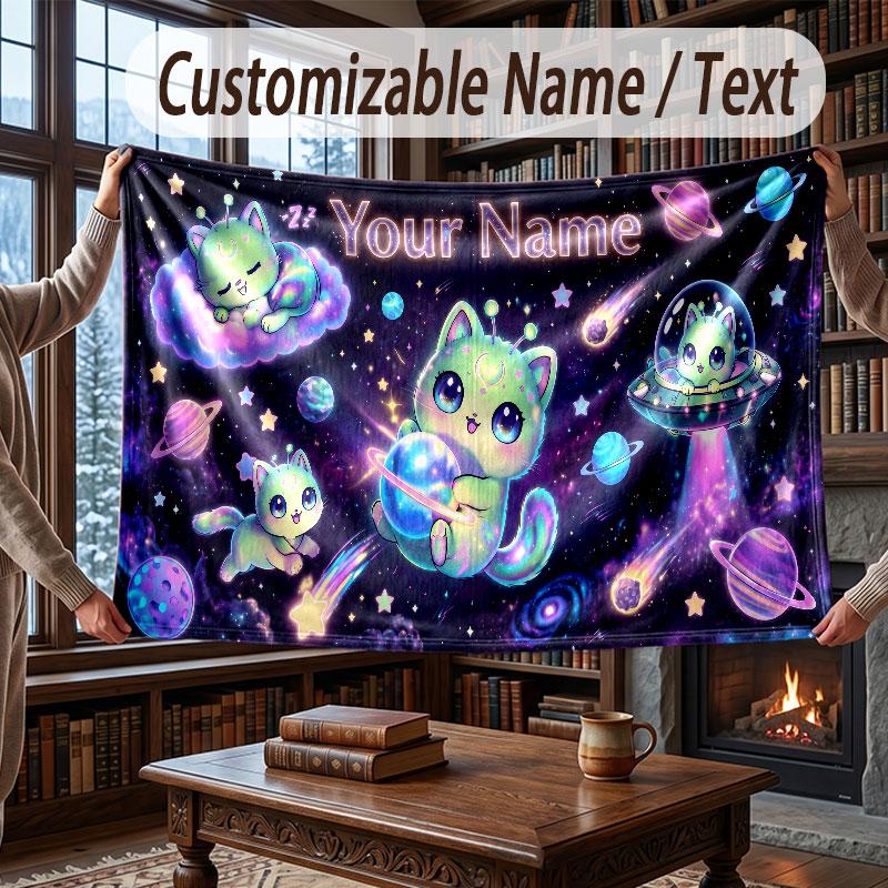 Cat Theme Throw Blanket Custom Name Text Personalized Blanket Soft Cozy Blanket for Home Sofa Bed